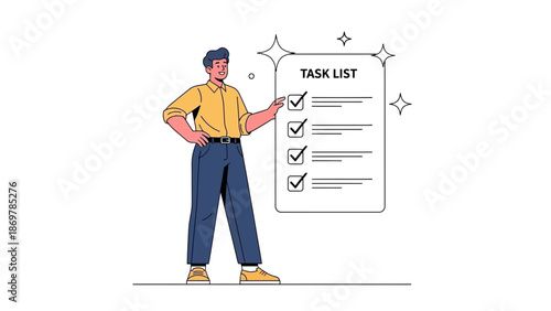 Man completing checklist on task list, organized business concept, flat illustration