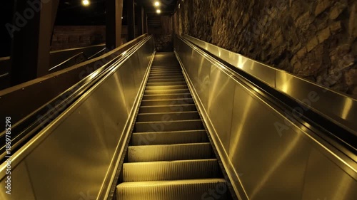 Illuminated Escalator Moving Upward in Empty