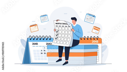 Man holding monthly checklist with calendars, planning and organization concept
