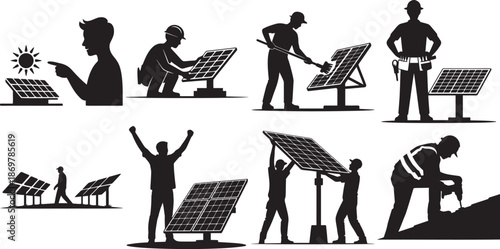 Workers install and maintain solar panels promoting clean energy and environmental sustainability