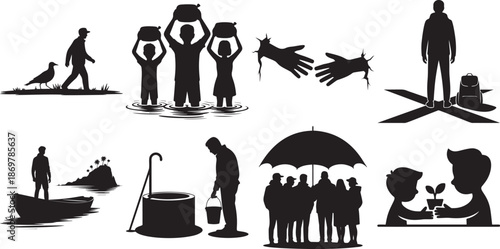 Figures symbolize struggle and resilience in challenging environments overcoming adversity together