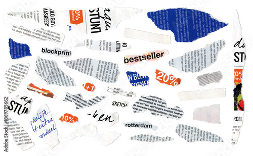 Torn Paper Sheets from Newspaper Isolated Set of News and Fashion Words, Elements for Collage or Scrapbook Design