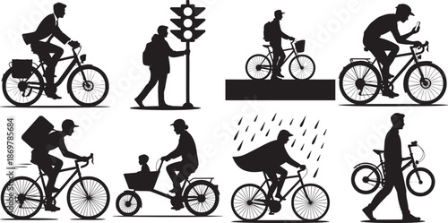Cycling and urban transportation vector icons set showing people riding bicycles commuting delivering fitness activity