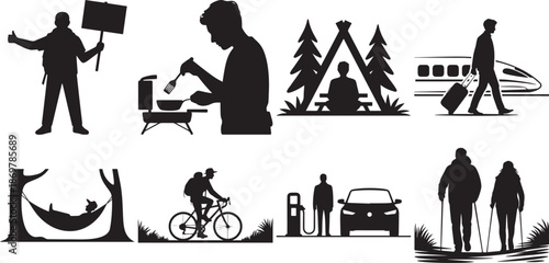 Outdoor adventure and travel vector icons set showing camping hiking cooking enjoying nature and transportation elements