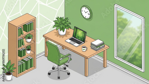 Modern home office with green decor and wooden furniture