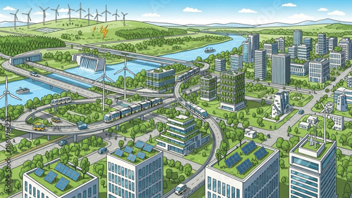Sustainable cityscape with green infrastructure and renewable energy sources