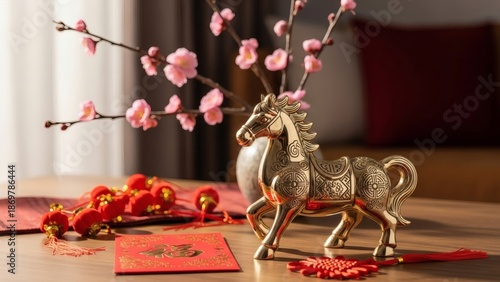Elegant Horse Figurine with Plum Blossoms and Red Envelopes, Chinese New Year Year of the Horse Festive Still Life
