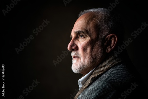 Thoughtful Senior Man in Profile Against Dark Background - Pensive Portrait.
