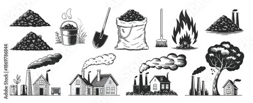 Coal set with various objects related to coal mining, extraction and exploitation, hand drawn vector clipart in black and white, isolated sketch style illustrations for industry and energy concepts