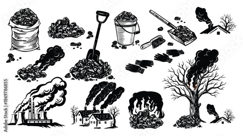Coal set with various objects related to coal mining, extraction and exploitation, hand drawn vector clipart in black and white, isolated sketch style illustrations for industry and energy concepts