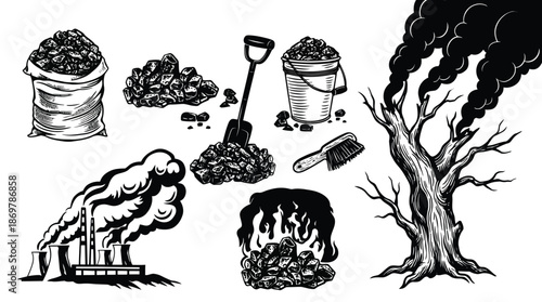 Coal set with various objects related to coal mining, extraction and exploitation, hand drawn vector clipart in black and white, isolated sketch style illustrations for industry and energy concepts