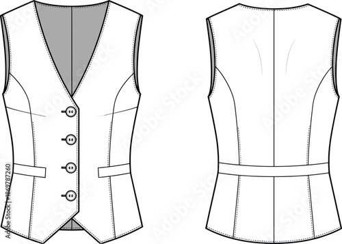 Technical fashion flat sketch of a women's tailored waistcoat vest mockup, front and back view, for apparel design and manufacturing.