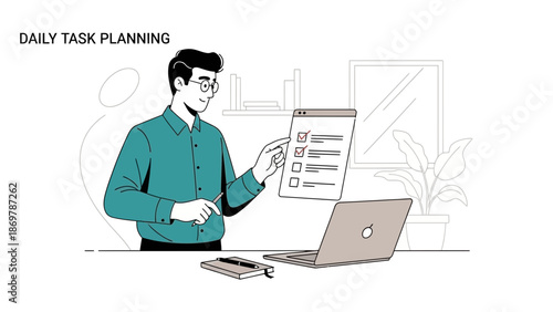 Man Planning Daily Tasks with Checklist, Laptop and Notebook on Desk