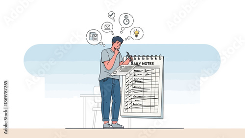 Man planning daily tasks with checklist and thinking bubbles