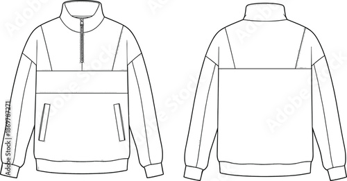 Technical fashion flat sketch of a quarter zip sweatshirt mockup, front and back view, for clothing design and apparel manufacturing.