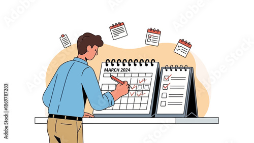 Man marking calendar dates, planning schedule, to-do list, time management concept