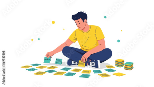 Man organizing sticky notes for planning, brainstorming, or strategy