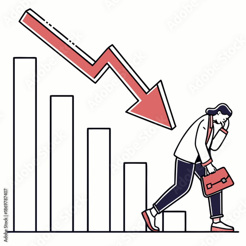 Downtrend business concept with minimal bars and a worried businessman