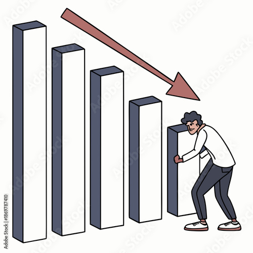 Man pushing down bar graph with declining trend arrow