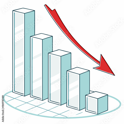 Falling bar chart with red arrow on white background