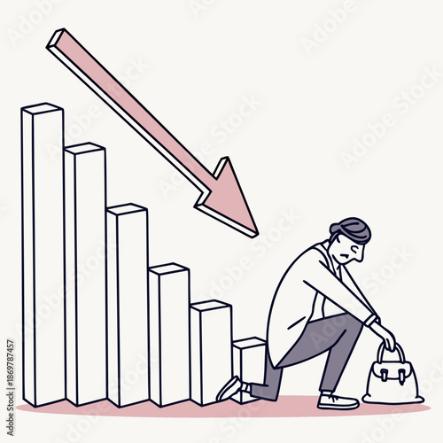 Minimalist of man kneeling with empty purse and declining financial graph