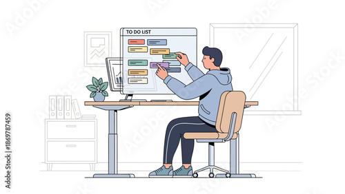 Man organizing to-do list on computer screen, productivity, planning, task management