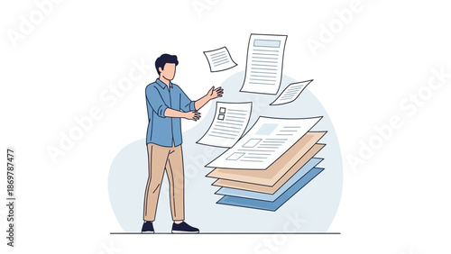 Man overwhelmed with paperwork, documents flying around him, business chaos concept