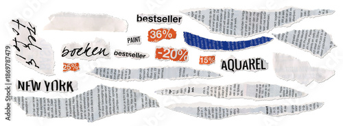 Torn Paper Sheets from Newspaper Isolated Set of News and Fashion Words, Clipping of the Word Bestseller, Elements for Collage or Scrapbook Design