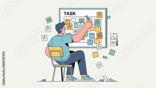 Man Pinning Task Card on Board for Project Management and Planning