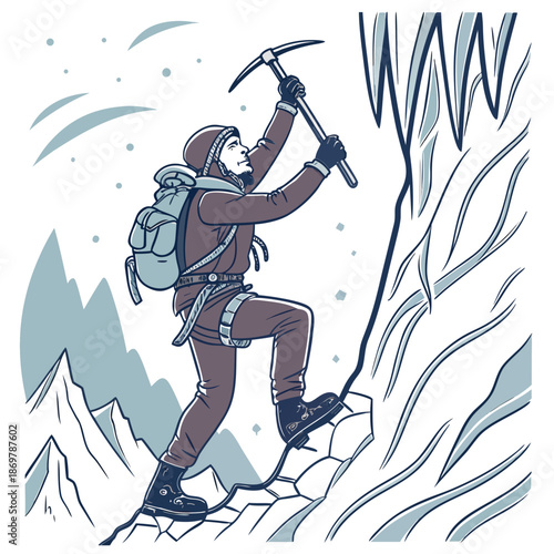 Solo climber in frozen mountain valley with pickaxe and ice axe
