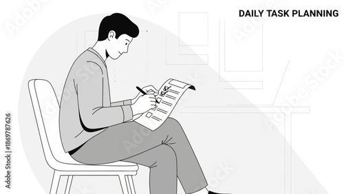 Man Planning Daily Tasks Checklist, Writing To-Do List, Organization and Productivity Concept