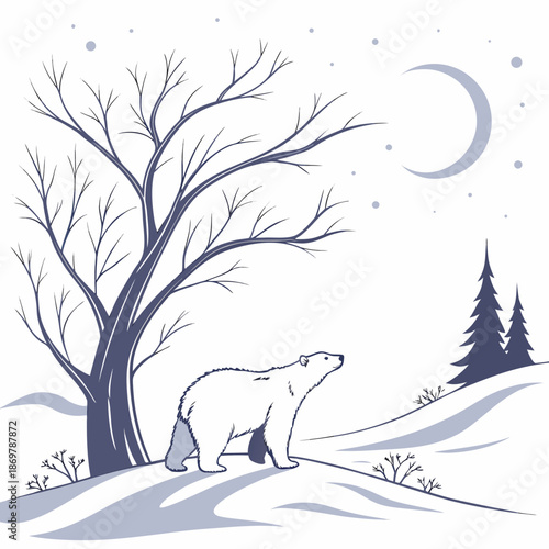 Polar bear standing under bare tree in snowy landscape at night