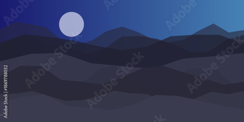 Nighttime mountain landscape under full moon