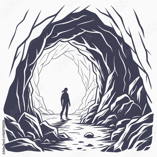 Person standing at entrance of ice cave with glowing interior