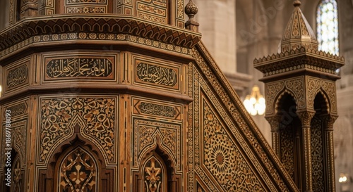 Intricate Wooden Minbar with Islamic Calligraphy and Geometric Patterns