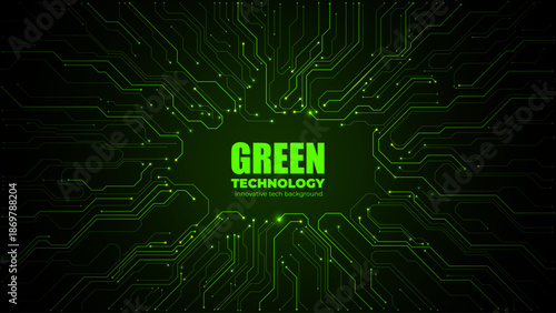 Tech background featuring green PCB circuitry with blank microchip area. Central space for text on abstract electronic motherboard design with glowing lines. Digital vector illustration