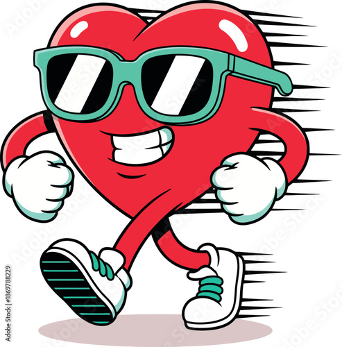 Energetic red heart character, cool sunglasses, striding with motion lines, symbolizing health, fitness, and cheerful well-being