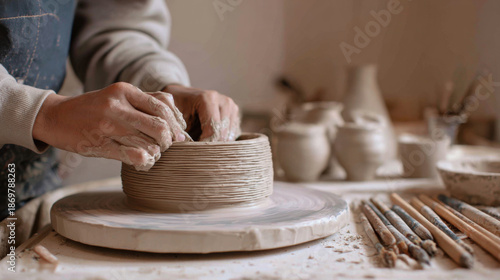 Hand pottery clay coil pot craft wheel ceramic studio artisan creative hand coil pot craft spinning clay wheel ceramic studio, artisan shaping soft textured surface with focused movement