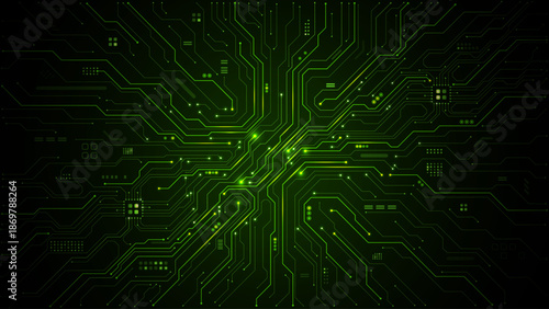 Green circuit board background with intricate tech patterns and digital pathways, perfect for modern technology projects and abstract electronic design concepts. Digital vector illustration 