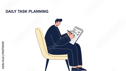 Man Planning Daily Tasks Sitting in Chair with Checklist and Pen