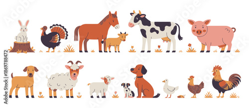 Farm animals cartoon vector set with cute domestic pets and countryside livestock including cow, pig, horse, cat, dog, chicken, sheep and funny birds, adorable colorful illustrations