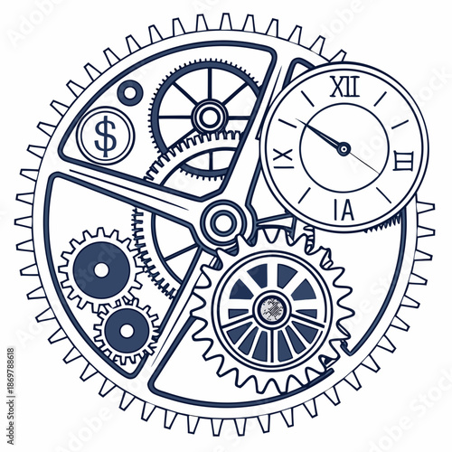 Clockwork mechanism with gears clock face and dollar sign