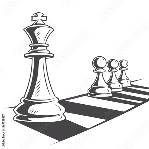 Large chess queen standing against smaller pawns on chessboard