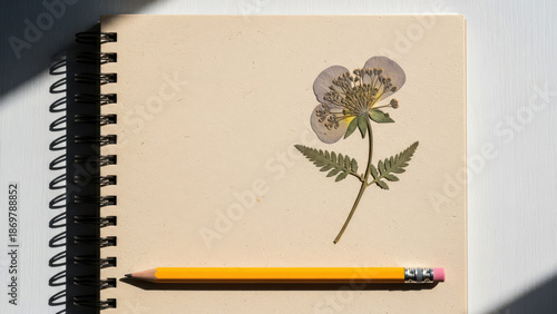 Pressed flower and pencil on spiral notebook