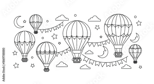 Detailed coloring page featuring multiple hot air balloons floating among clouds, crescent moons, and stars in a magical night sky.