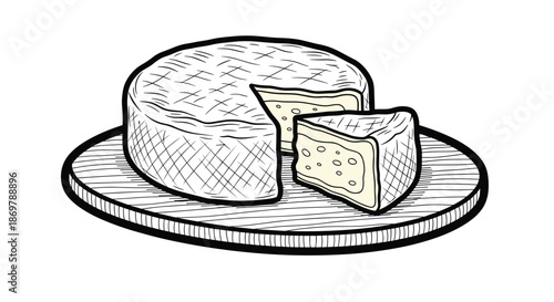 Round wheel of soft brie or camembert cheese with a single wedge removed displayed on a rustic wooden board illustration.
