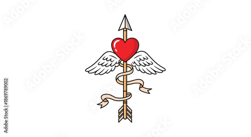 Classic heart with wings pierced by an arrow and wrapped in a banner in a romantic tattoo style illustration.