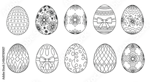 Collection of ten uniquely patterned Easter eggs with floral and geometric designs in a black and white sketch.