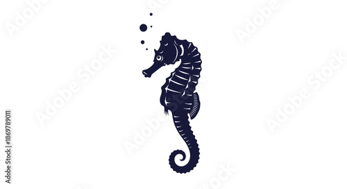 Simple dark blue silhouette of a seahorse with small bubbles rising from its snout on a plain white background.