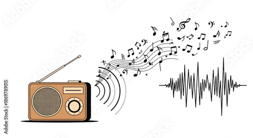 Vintage radio emitting musical notes and sound wave patterns to represent broadcasting and listening to music.